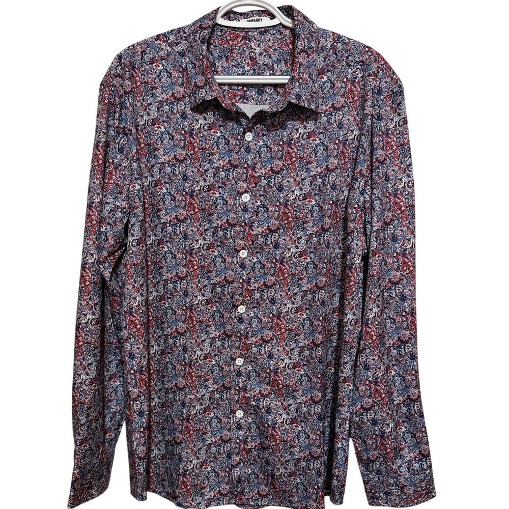 Coofandy Men's Blue Orange Paisley Floral Long Sleeve Button Up Shirt Size L